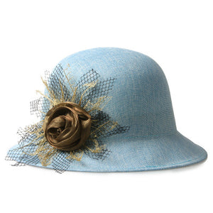 2017 fashion Women Lady Fedoras Top Hat Spring Summer Bowler Hats Straw Cap Breathable Sunscreen Flax Gauze Flowers Elegant