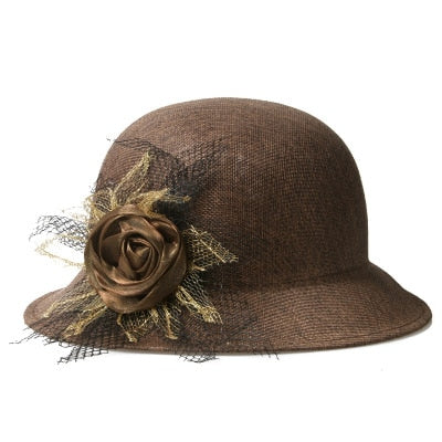 2017 fashion Women Lady Fedoras Top Hat Spring Summer Bowler Hats Straw Cap Breathable Sunscreen Flax Gauze Flowers Elegant