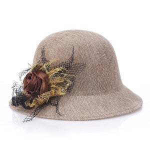 2017 fashion Women Lady Fedoras Top Hat Spring Summer Bowler Hats Straw Cap Breathable Sunscreen Flax Gauze Flowers Elegant