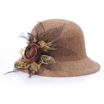 2017 fashion Women Lady Fedoras Top Hat Spring Summer Bowler Hats Straw Cap Breathable Sunscreen Flax Gauze Flowers Elegant