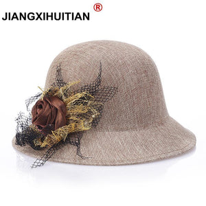 2017 fashion Women Lady Fedoras Top Hat Spring Summer Bowler Hats Straw Cap Breathable Sunscreen Flax Gauze Flowers Elegant