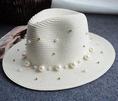 2018 New Spring Summer Hats For Women Flower Beads Wide Brimmed Jazz Panama Hat Sun Visor Beach Hat Flower Pearl rivet Straw Hat