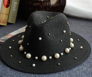 2018 New Spring Summer Hats For Women Flower Beads Wide Brimmed Jazz Panama Hat Sun Visor Beach Hat Flower Pearl rivet Straw Hat