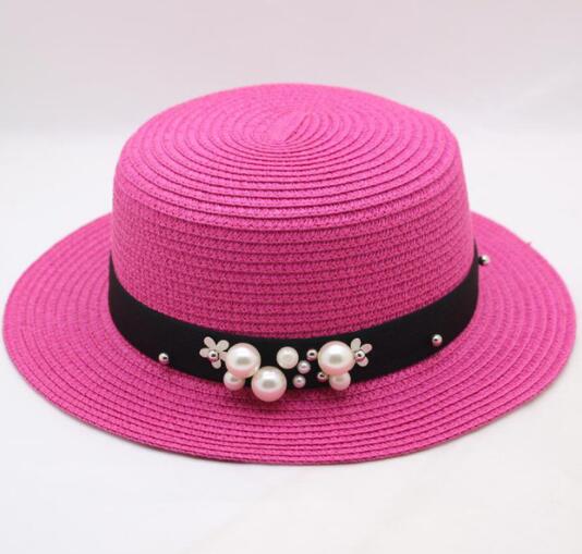 2018 New Spring Summer Hats For Women Flower Beads Wide Brimmed Jazz Panama Hat Sun Visor Beach Hat Flower Pearl rivet Straw Hat