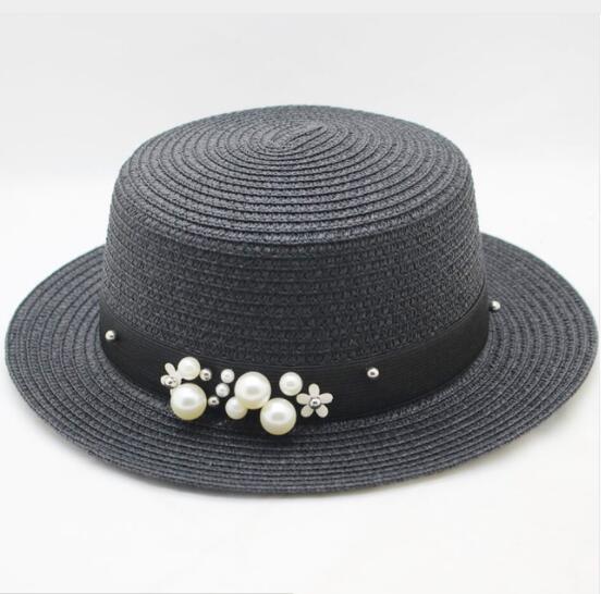 2018 New Spring Summer Hats For Women Flower Beads Wide Brimmed Jazz Panama Hat Sun Visor Beach Hat Flower Pearl rivet Straw Hat