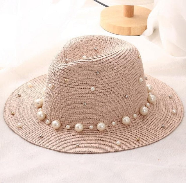 2018 New Spring Summer Hats For Women Flower Beads Wide Brimmed Jazz Panama Hat Sun Visor Beach Hat Flower Pearl rivet Straw Hat