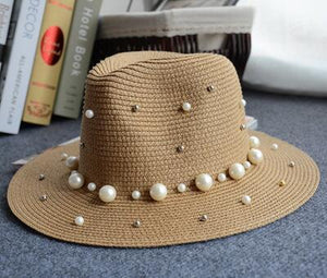 2018 New Spring Summer Hats For Women Flower Beads Wide Brimmed Jazz Panama Hat Sun Visor Beach Hat Flower Pearl rivet Straw Hat