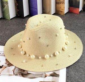 2018 New Spring Summer Hats For Women Flower Beads Wide Brimmed Jazz Panama Hat Sun Visor Beach Hat Flower Pearl rivet Straw Hat