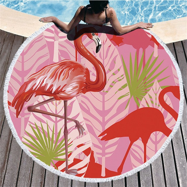 Flamingo Tassel Round Bath Towel Beach Towel Microfibre Travel Compressed Bathroom Towels Bath Towels for Adults Picnic Blanket