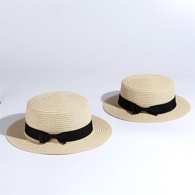 2019 Hot Parent-child sun hat women men sun hats bow hand made straw cap beach Flat brim hat casual girls summer cap 52-55-58cm