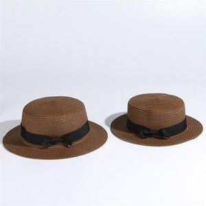 2019 Hot Parent-child sun hat women men sun hats bow hand made straw cap beach Flat brim hat casual girls summer cap 52-55-58cm