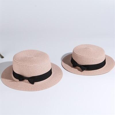 2019 Hot Parent-child sun hat women men sun hats bow hand made straw cap beach Flat brim hat casual girls summer cap 52-55-58cm