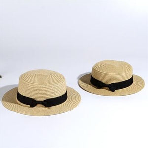 2019 Hot Parent-child sun hat women men sun hats bow hand made straw cap beach Flat brim hat casual girls summer cap 52-55-58cm