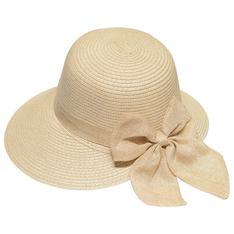 Lady New Bowknot Straw Hat Adult Summer Sunscreen Leisure Cap Wide Brim Students Fresh Raffia Shading Sun Cap Foldable