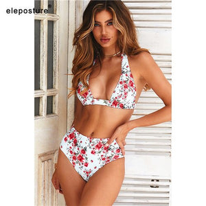 2019 New Sexy High Waist Bikini Women Swimsuit Halter Push Up Swimwear Print Bikinis Bathing Suits Summer Beach Wear Swim Suits