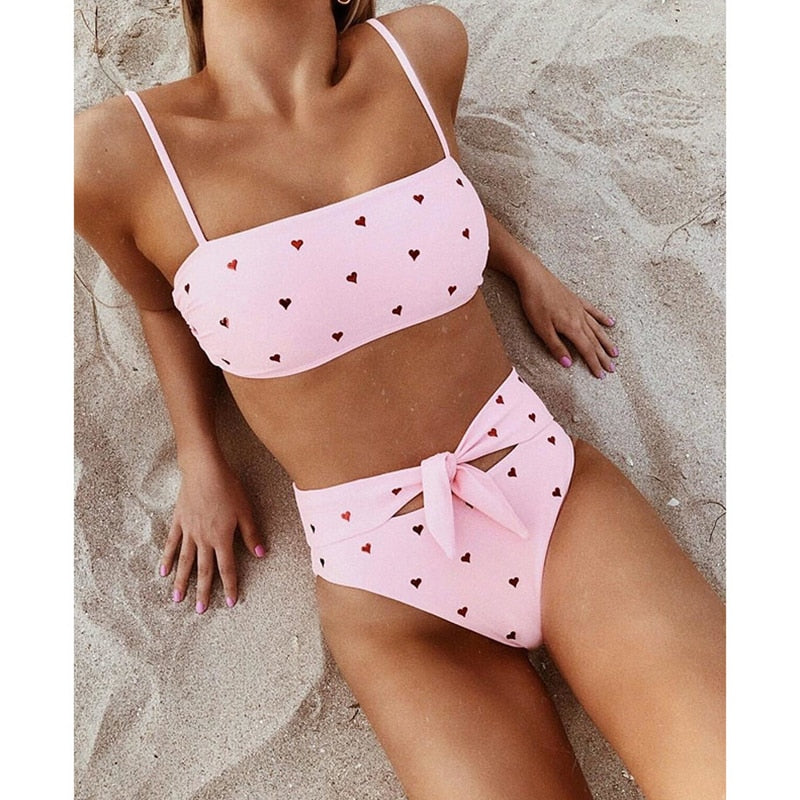 2019 New Sexy High Waist Bikini Swimsuit Women Swimwear Print Bikinis Bandeau Bikini Set Brazilian Bathing Suit Summer Beachwear