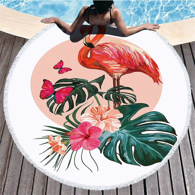 Large Leaves Flower Flamingo Tassel Bath Towel Beach Towel Round Microfibre Compressed Bathroom Towels Bath Towels for Adults